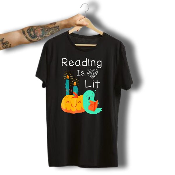 Reading Is Lit Halloween Teacher Librarian Costume Ghost Pumpkin T Shirt t shirt 1