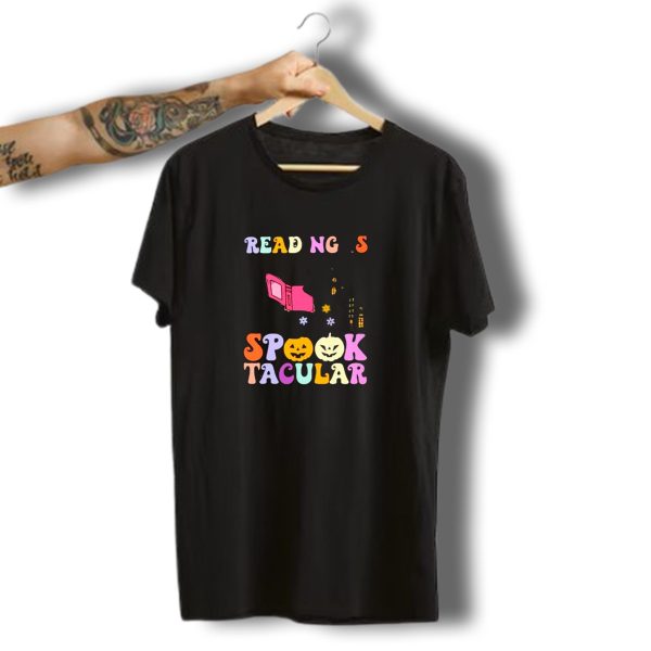 Reading Is Spooktacular Ghost Reading Book Halloween Pumpkins T Shirt t shirt 1