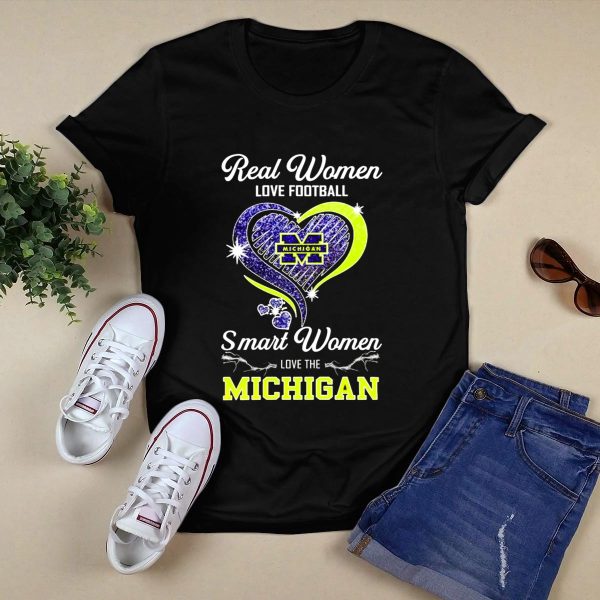 Real Women Love Football Smart Women Love the Michigan Wolverines Heart T Shirt Black 1