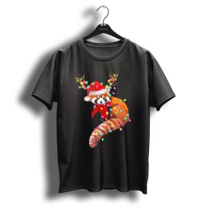 Red Panda Santa Hat Antlers Christmas Lights T Shirt