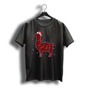 Red Plaid Buffalo Llama Christmas Lights Santa Hat T-Shirt