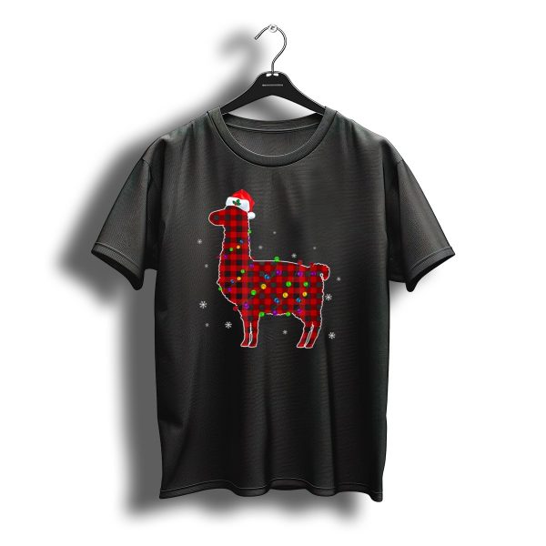 Red Plaid Buffalo Llama Christmas Lights Santa Hat T Shirt t shirt 1