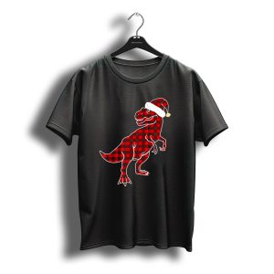 Red Plaid Dinosaur Santa Hat Christmas Buffalo Matching Family T-Shirt