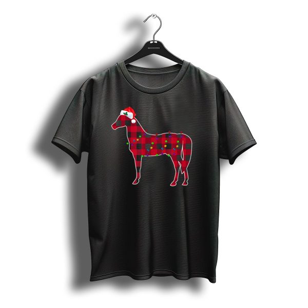 Red Plaid Horse With Christmas Lights And Santa Hat Buffalo T Shirt t shirt 1