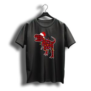 Red Plaid T Rex Dinosaur With Santa Hat And Christmas Lights T-Shirt
