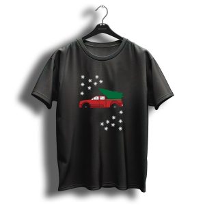 Red Truck With Christmas Tree And Snowflakes Funny And Cute Santas Jeep Christmas Tree Makes T-Shirt