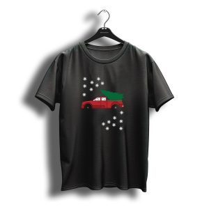 Red Truck With Christmas Tree And Snowflakes Santas Jeep Christmas Tree Makes T-Shirt