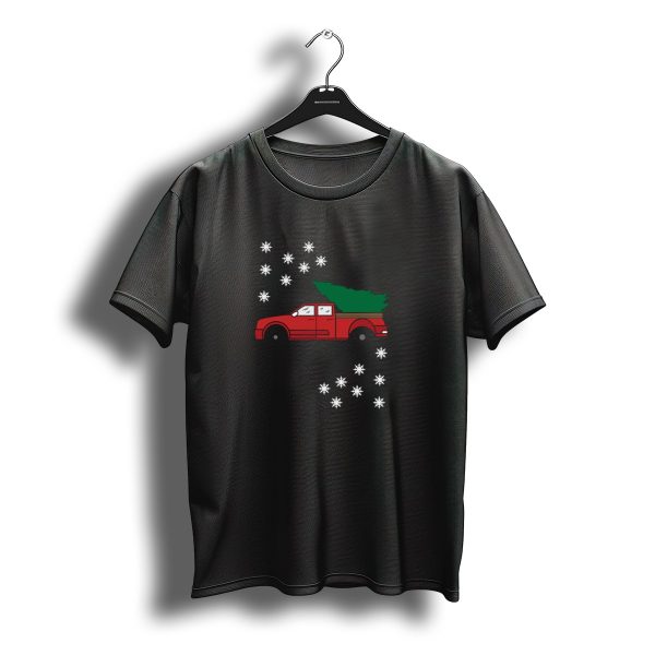 Red Truck With Christmas Tree And Snowflakes Santas Jeep Christmas Tree Makes T Shirt t shirt 1