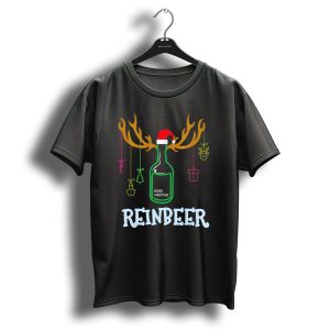 Reinbeer Merry Christmas Antler Bottle With Santa Hat And Hanging Decorations T Shirt