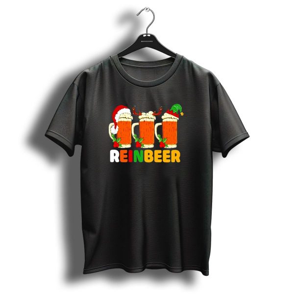 Reinbeer Merry Christmas Funny Beer Mugs With Santa And Elf Hats And Reindeer Antlers T Shirt 1 t shirt 1