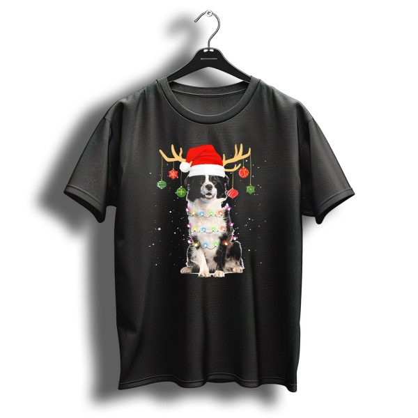 Reindeer Border Collie Christmas Santa Hat Antlers Holiday Lights T Shirt 1 t shirt 1