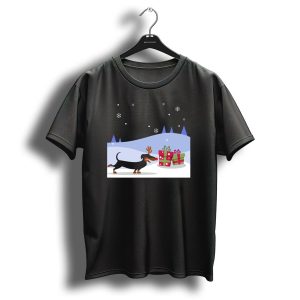 Reindeer Dachshund Dog With Antlers And Christmas Gifts In Snowy Scene T-Shirt