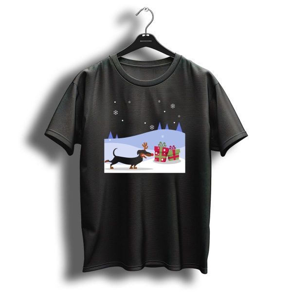 Reindeer Dachshund Dog With Antlers And Christmas Gifts In Snowy Scene T Shirt 1 t shirt 1
