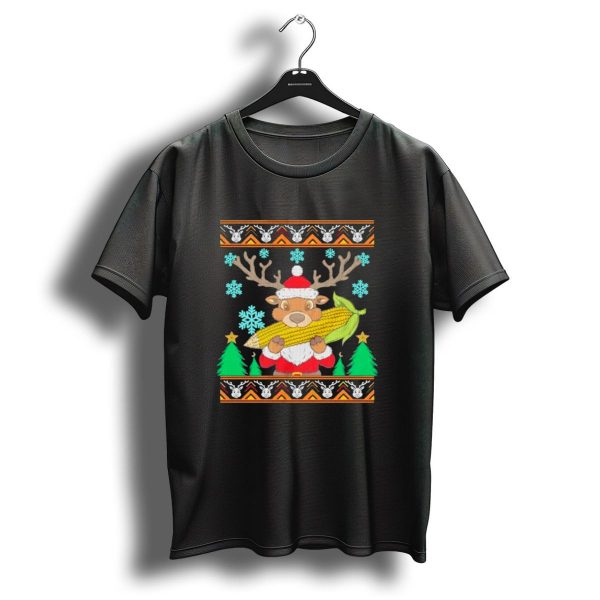 Reindeer Holding Corn With Snowflakes And Trees Christmas T Shirt 1 t shirt 1