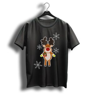 Reindeer Moose Christmas Snowflake Festive Cartoon With Green Gloves And Red Scarf T-Shirt