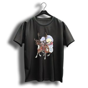 Reindeer Pulling Sleigh In Christmas Moonlit Winter Scene T Shirt