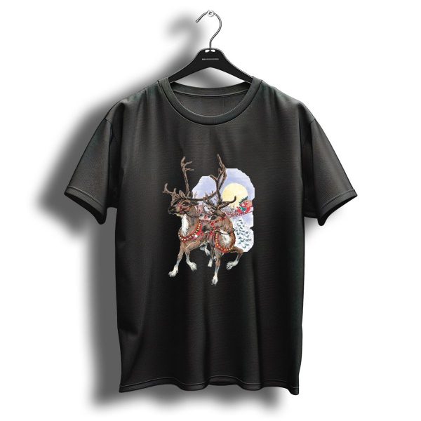 Reindeer Pulling Sleigh In Christmas Moonlit Winter Scene T Shirt 1 t shirt 1