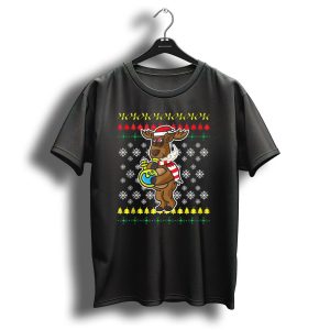 Reindeer Smoking Weed Stoned Rudolph Ugly Christmas Sweater Snowflakes T Shirt