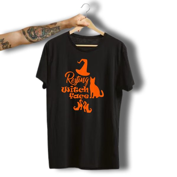 Resting Witch Face Halloween Cat Witch Hat Shoes T Shirt t shirt 1