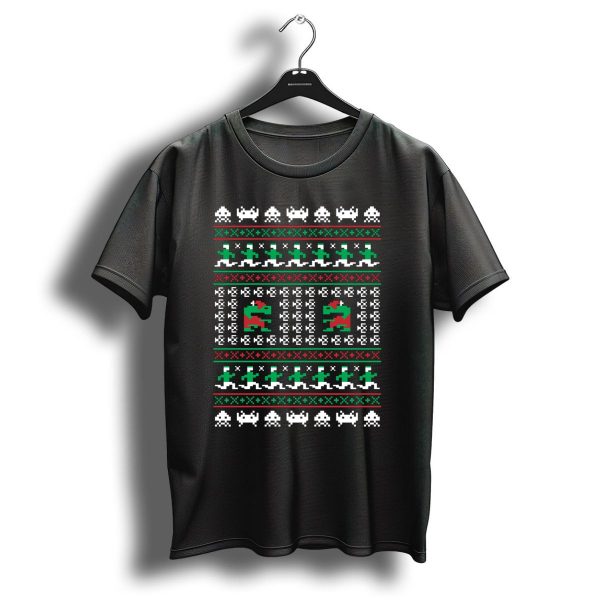 Retro Gaming Christmas Sweater Pattern With Invaders And Dinosaurs T Shirt 1 t shirt 1