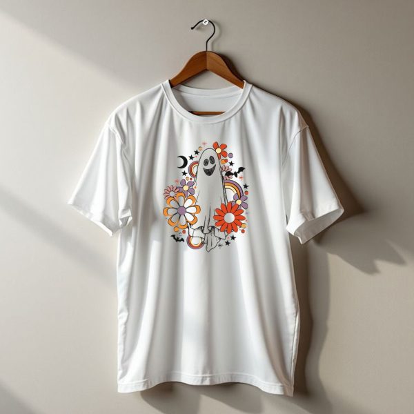 Retro Halloween Ghost With Flowers And Bats T Shirt t shirt 1