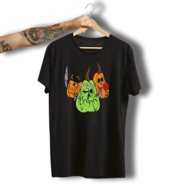 Retro Vintage Grunge Style Halloween Pumpkins With Knife And Candy T Shirt 1 t shirt 1