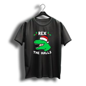 Rex The Halls Dinosaur Christmas Santa Hat Holly T-Shirt