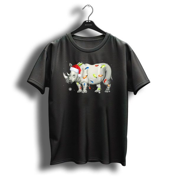 Rhino Christmas Santa Hat With Colorful Holiday Lights T Shirt 1 t shirt 1