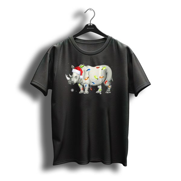 Rhino Christmas Santa Hat With Colorful Holiday Lights T Shirt t shirt 1