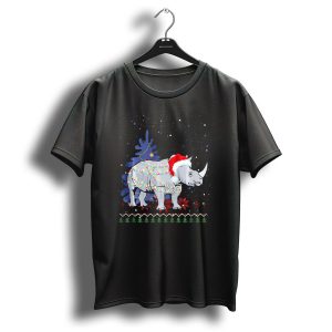Rhino Christmas Tree Lights Santa Hat Holiday Snowflakes T Shirt