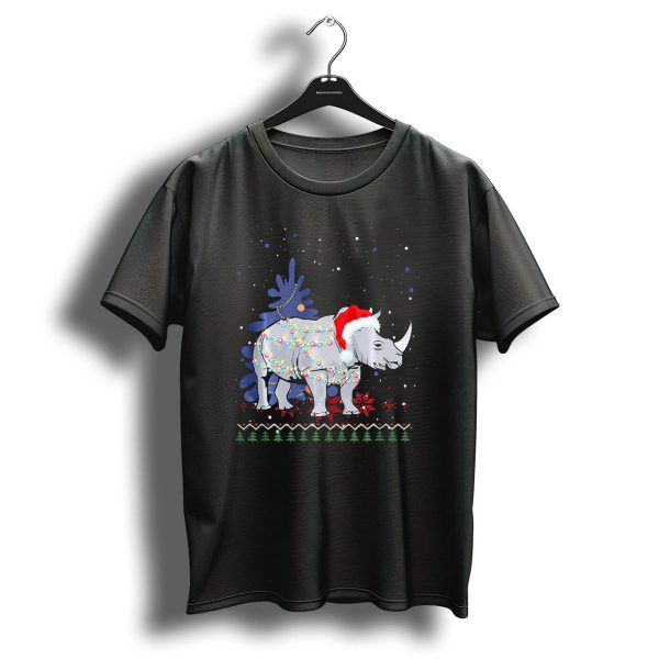 Rhino Christmas Tree Lights Santa Hat Holiday Snowflakes T Shirt 1 t shirt 1