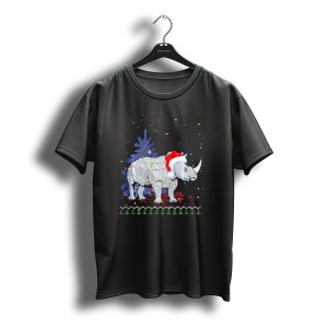Rhino Christmas Tree Lights Santa Hat Holiday Snowflakes T-Shirt