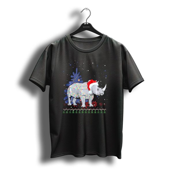 Rhino Christmas Tree Lights Santa Hat Holiday Snowflakes T Shirt t shirt 1