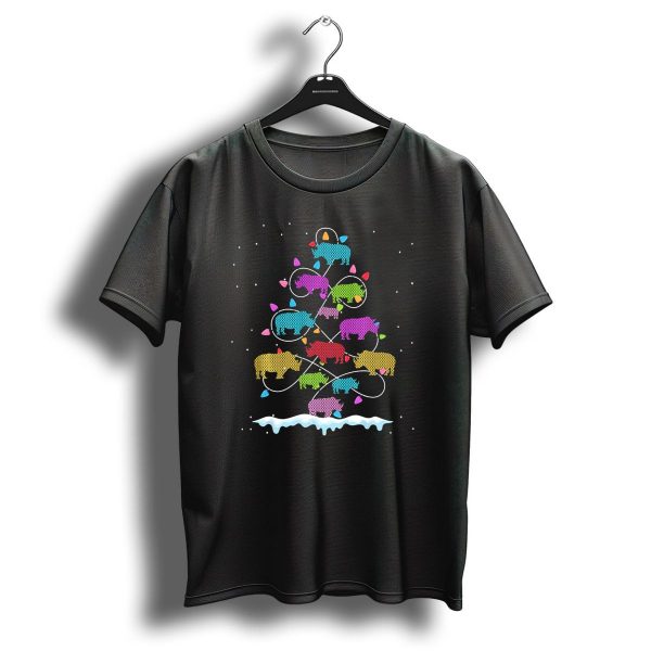 Rhino Christmas Tree With Colorful Holiday Lights And Snow T Shirt 1 t shirt 1