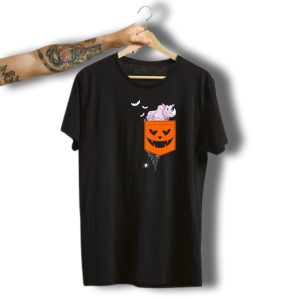 Rhino In Halloween Pumpkin Pocket With Bats And Spiderweb T-Shirt