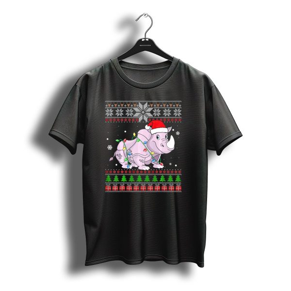 Rhino Ugly Christmas Sweater Santa Hat Lights Snowflakes Trees Gifts T Shirt t shirt 1