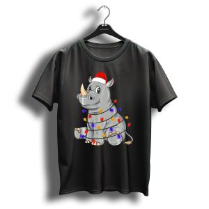 Rhino Wrapped In Christmas Lights Wearing Santa Hat Holiday Festive Chr T Shirt