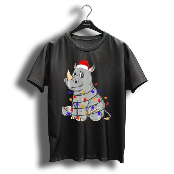 Rhino Wrapped In Christmas Lights Wearing Santa Hat Holiday Festive Chr T Shirt 1 t shirt 1