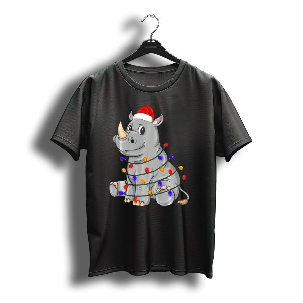 Rhino Wrapped In Christmas Lights Wearing Santa Hat Holiday Festive Chr T Shirt t shirt 1
