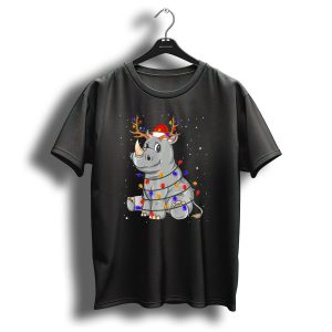 Rhino Wrapped In Christmas Lights With Santa Hat And Antlers T Shirt