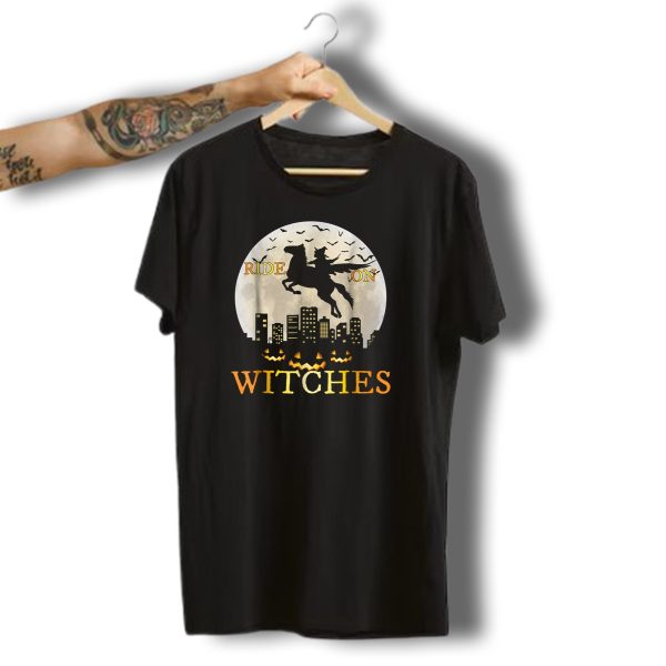 Ride On Witches Halloween Witch Horse Jack O Lantern Cityscape T Shirt 1 t shirt 1