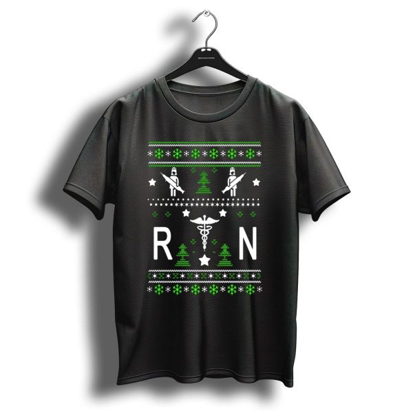 Rn Ugly Christmas Nurse Holiday Sweater Pattern With Syringe And Caduceus T Shirt 1 t shirt 1