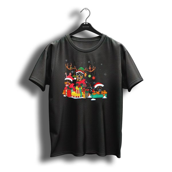 Rottweiler Christmas Reindeer Antlers Presents Santa Hat Snowflakes T Shirt t shirt 1