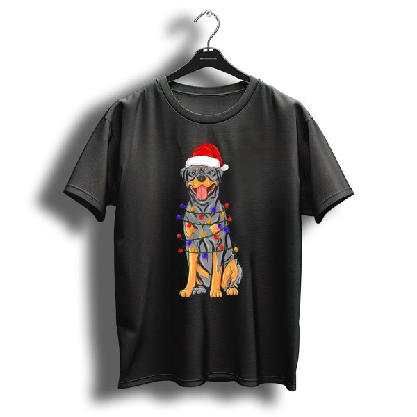 Rottweiler Christmas Santa Hat Wrapped In Colorful Xmas Lights T Shirt 1 t shirt 1