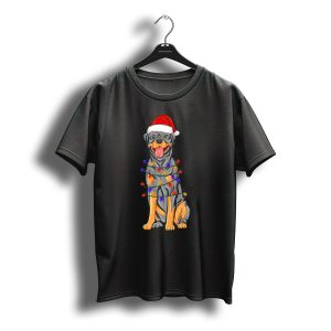 Rottweiler Christmas Santa Hat Wrapped In Colorful Xmas Lights T-Shirt