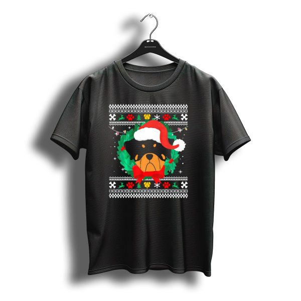 Rottweiler Christmas Santa Hat Wreath Paw Prints Ugly T Shirt t shirt 1