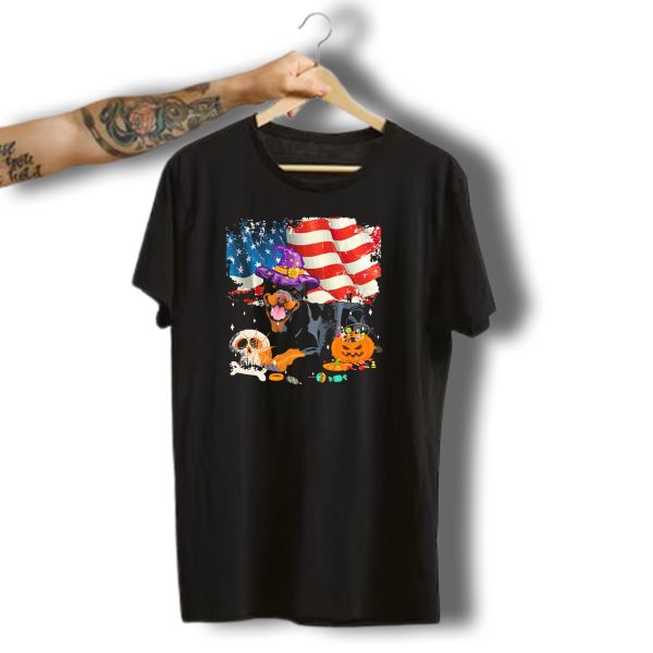 Rottweiler Halloween Wizard With American Flag And Pumpkin Candy T Shirt t shirt 1