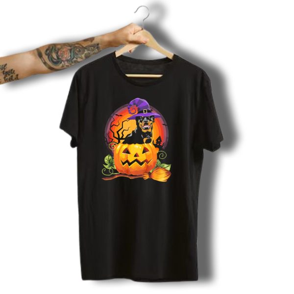 Rottweiler In Witch Hat With Pumpkin And Broom Halloween Scene T Shirt t shirt 1