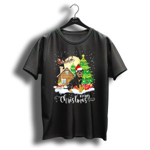 Rottweiler Merry Christmas Santa Hat Snowman Log Cabin Christmas Tree T Shirt