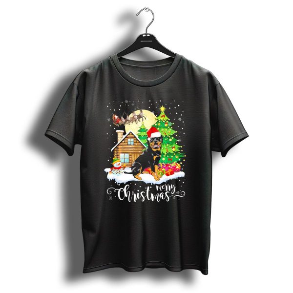 Rottweiler Merry Christmas Santa Hat Snowman Log Cabin Christmas Tree T Shirt 1 t shirt 1